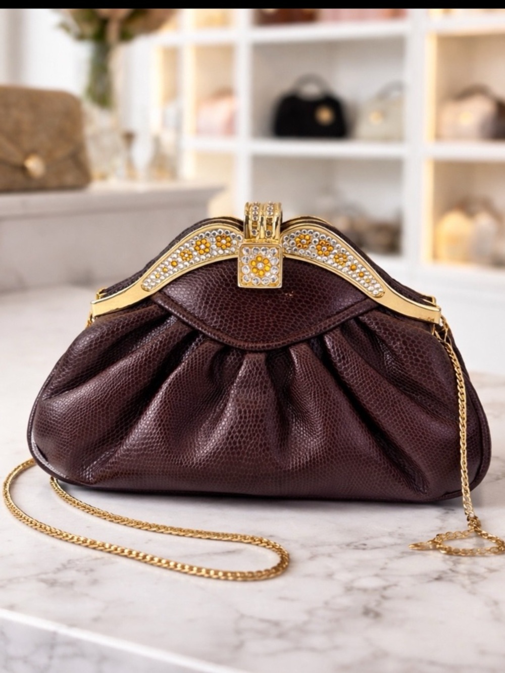 Vintage Y&S Burgundy Leather Clutch Bag Lizard Embossed Rhinestone Clasp Chain